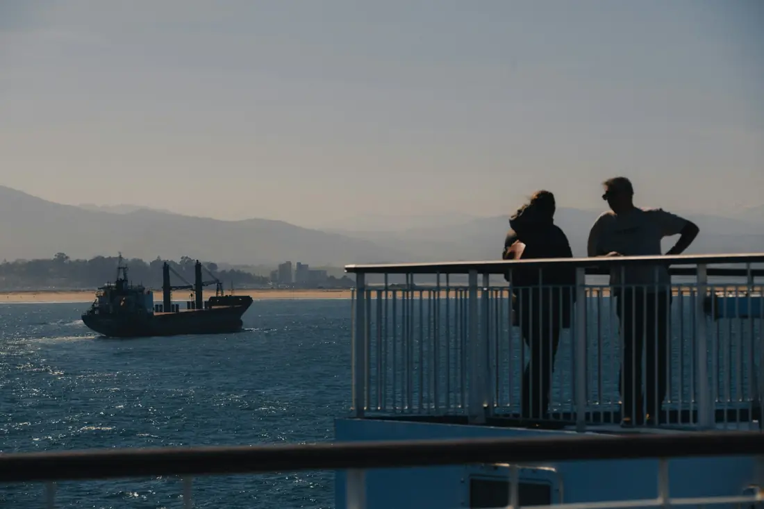 Two travelers at a ship's railing looking out over the sea